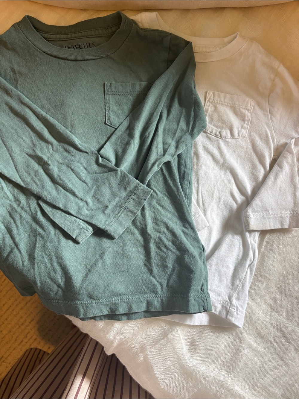 Crewcuts Long-Sleeve Pocket Tees in Sage Green and White